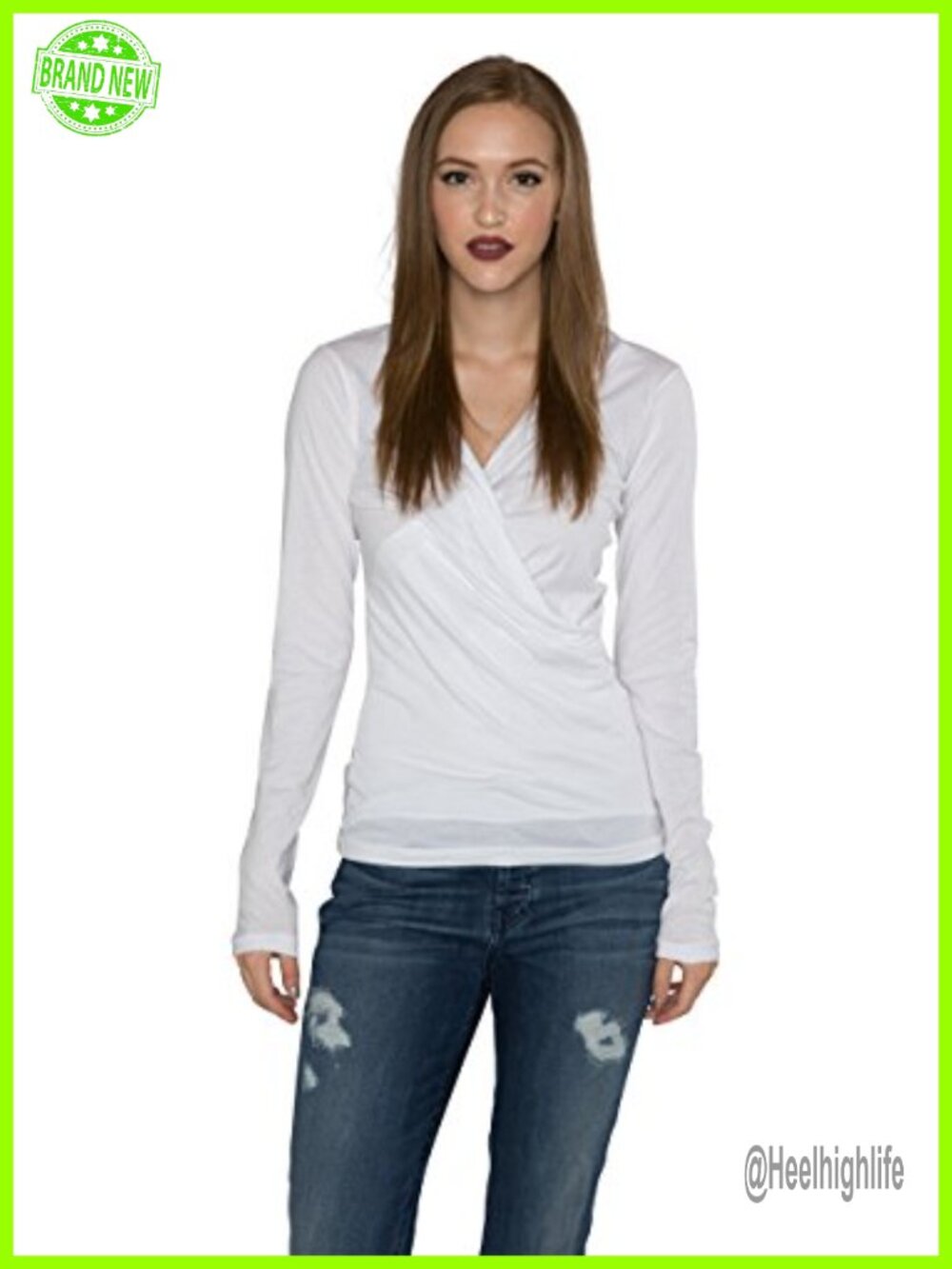 Women's White Gauzy Whisper Surplice V-Neck Fitted Long Sleeve Tunic Top